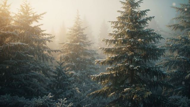 Serene Winter Forest Landscape at Dawn with Snow-Dusted Evergreens