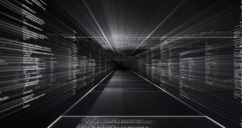 Radiating Digital Data Corridor Leading to Vanishing Point in Futuristic Holographic Tunnel