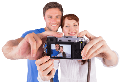 Smiling Couple Taking Selfie in Transparent Style