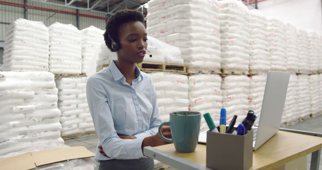 Warehouse Manager Wearing Headset Conducting Virtual Meeting - Download Free Stock Images Pikwizard.com