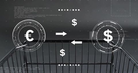 Shopping cart showing hud currency exchange converting euro to dollar on tech background