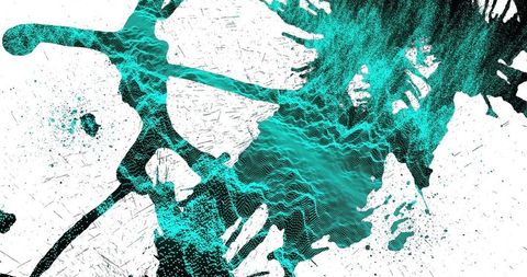 Teal and black abstract splatter wave pattern on white