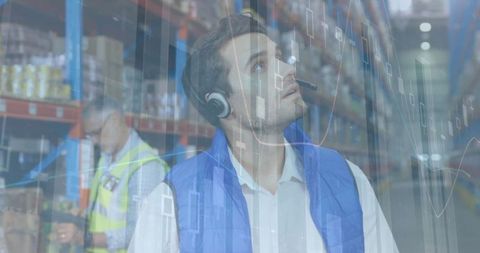 Global Shipping Hub with Financial Data Overlay, Young Professional with Headset - Download Free Stock Images Pikwizard.com