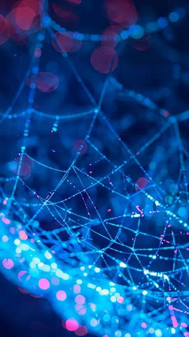 Vertical video shifting focus on glowing blue mesh with pulsing pink-blue bokeh nodes