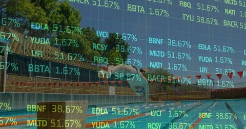 Competitive swimmer diving into pool with floating trading values overlay