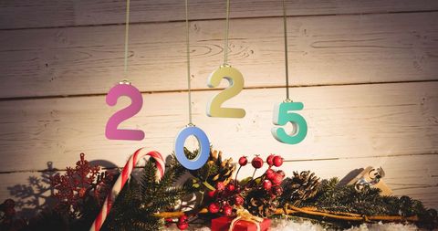 2025 Celebratory Hanging Numbers with Festive Christmas Decor