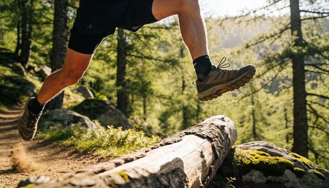 Trail runner leaping over fallen log on sunlit forest singletrack, kicking up dust