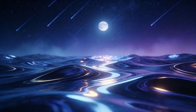 Iridescent liquid metal ocean rippling under full moon with meteor streaks