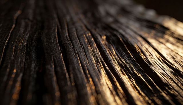 Glossy dark wood grain macro showing deep grooves and golden highlighted texture