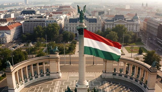 Hungarian flag flying above heroes' square millennium monument, budapest aerial cityscape