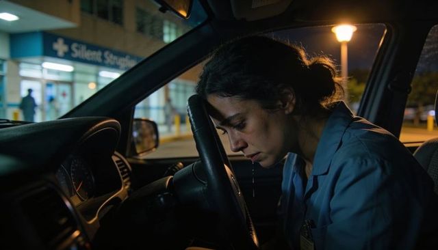 Nurse leaning on steering wheel clutching id badge outside hospital at night showing exhaustion