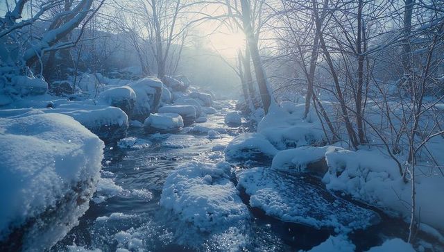 Icy Creek Winding Through Snow-Covered Winter Forest at Sunrise