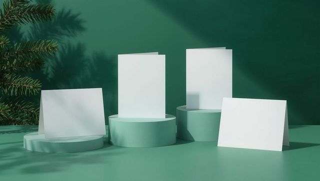 Blank cards on mint risers with pine branch shadows