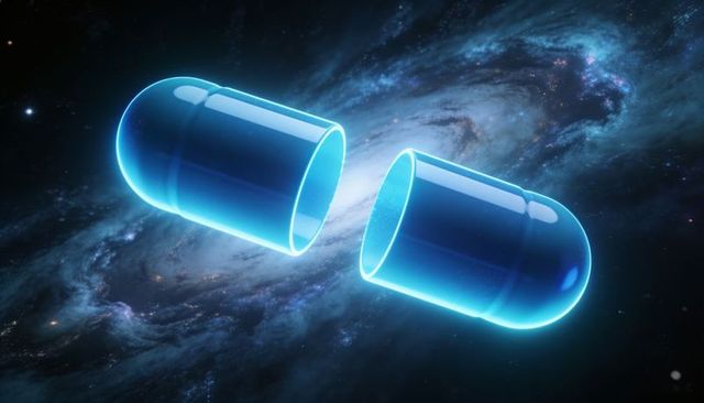Neon blue glowing capsule splitting over spiral galaxy - futuristic cosmic medicine concept