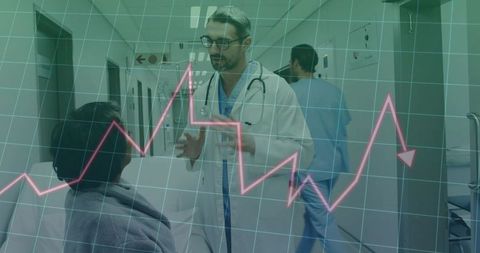 Doctor Consulting Wheelchair Patient with Grid Overlay Symbolizing Health Monitoring