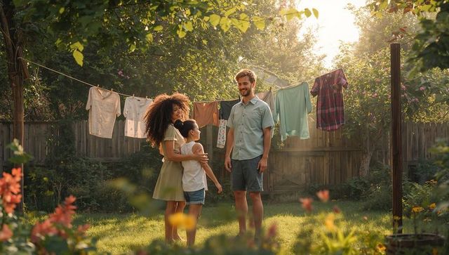 Family embracing in golden hour backyard with clothesline, garden flowers, warm sunlight