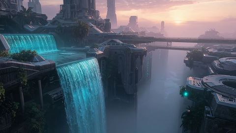 Futuristic cliffside metropolis pouring turquoise waterfalls into misty chasm at sunset