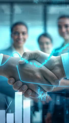 Vertical corporate handshake video tracing neon-blue data graph into rising bar chart