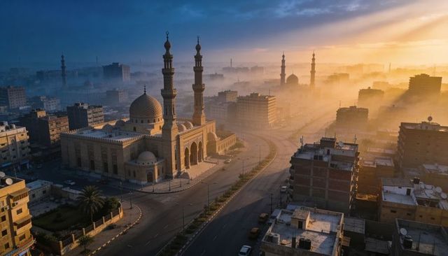 Majestic mosque dominating misty urban skyline at golden hour with sun rays piercing morning mist