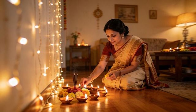 Woman in saree lighting clay diyas for diwali home ritual with marigold garlands