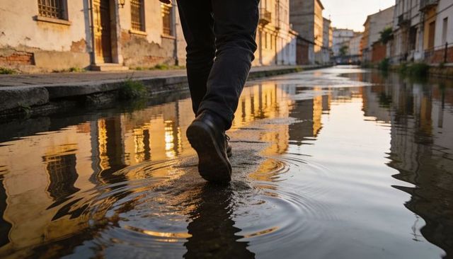 Walking through urban flood at golden hour creating ripples and reflecting facades