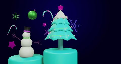 Digital christmas tree and festive decorations with snowman