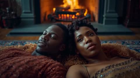 Couple Enjoying Firelight Conversation, Intimate Fireplace Setting