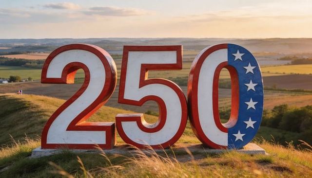 Giant 250 numeral sculpture standing on hilltop at golden hour over rural farmland