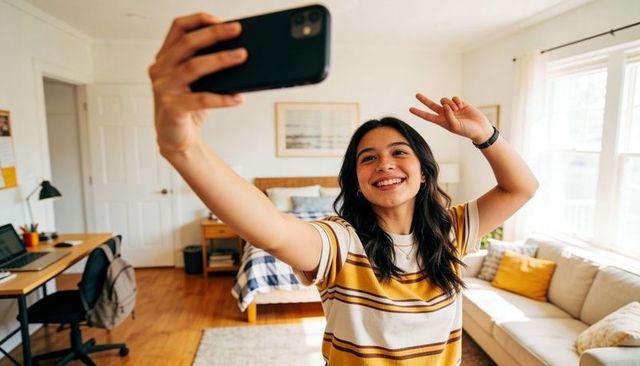 Young woman taking selfie and smiling in bright cozy bedroom with home workspace