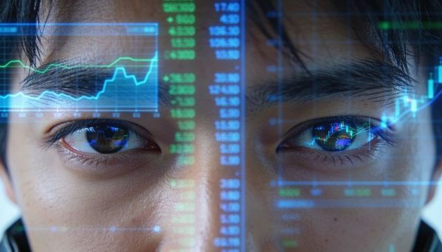 Close-up asian trader analyzing live stock market with candlestick charts and hud overlays