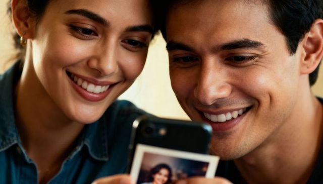 Young couple smiling and swiping smartphone while admiring instant print