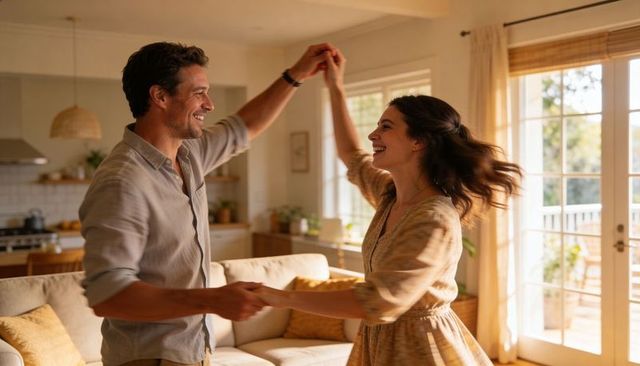 Couple dancing in sunlit living room celebrating intimacy joyful at-home lifestyle