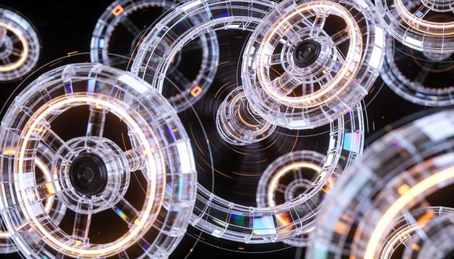 Rotating transparent torus rings creating holographic tunnel with neon glow and particles
