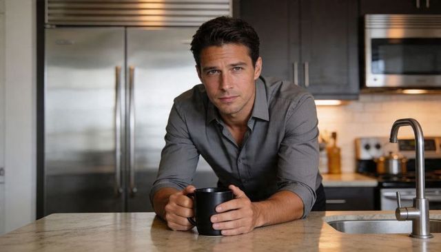 Man leaning on marble kitchen island holding black mug, casual morning at home