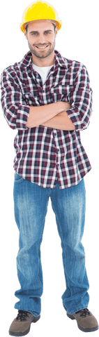 Confident male handyman wearing hardhat on transparent background