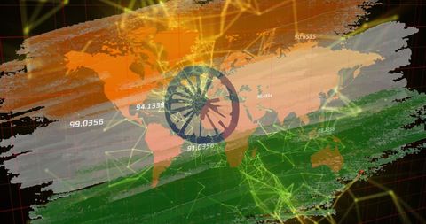 Indian Flag Concept with Global Map for International Blockchain Connectivity