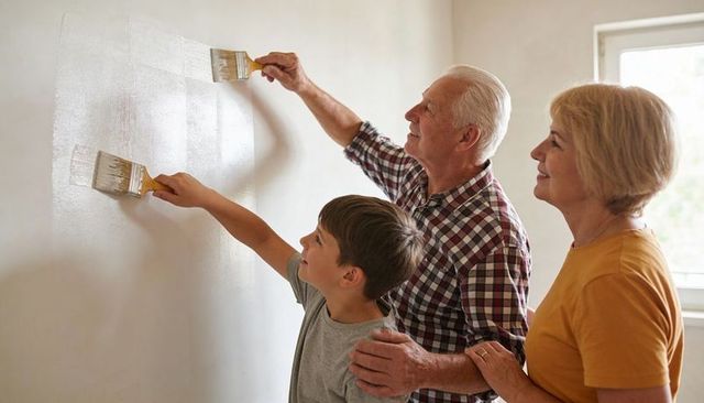 Grandparents Helping Grandson Paint Wall Together Family DIY Home Renovation