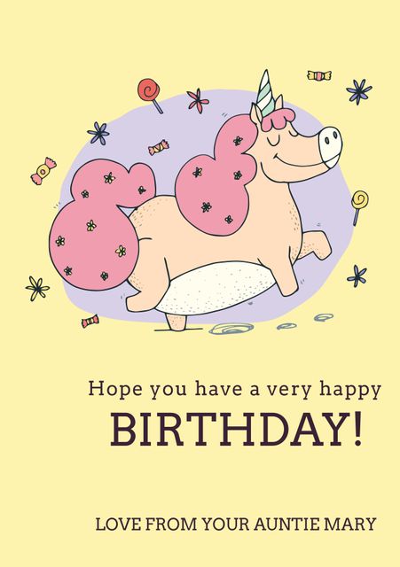 Charming whimsical birthday card featuring a joyful unicorn pig surrounded by colorful candy accents. Ideal for children's birthday celebrations, this playful greeting card brings cheer and happiness. Perfect for use in birthday party invitations, gift tags, and decor.