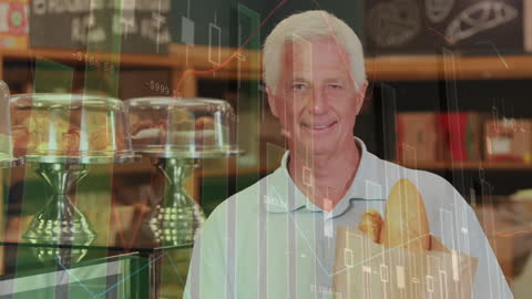 Mature Man Grocery Shopping Amidst Financial Data Display