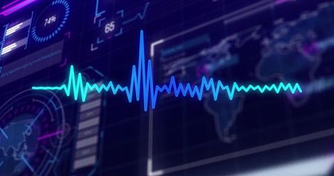 Blue waveform on futuristic digital interface display