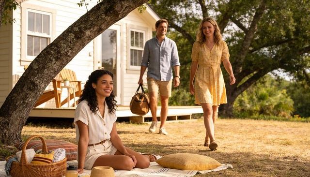 Friends enjoying countryside picnic near cozy cottage on sunny summer weekend getaway