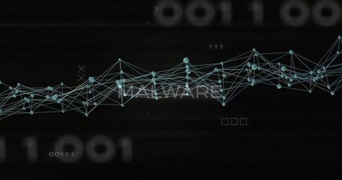 Cyan node-link waveform pulsing with MALWARE glitch for cybersecurity visualization