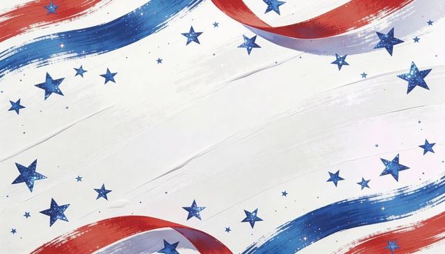Patriotic red blue brushstroke ribbons with sparkling stars on textured white canvas