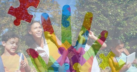 Children Playing Outdoors with Autism Awareness Symbol Overlay