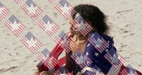 Diverse Women Enjoying Beach Wrapped in USA Flag