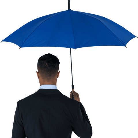 Businessman holding transparent blue umbrella standing with back facing