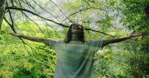 Serenity in Nature: Woman Embracing the Forest's Warm Embrace