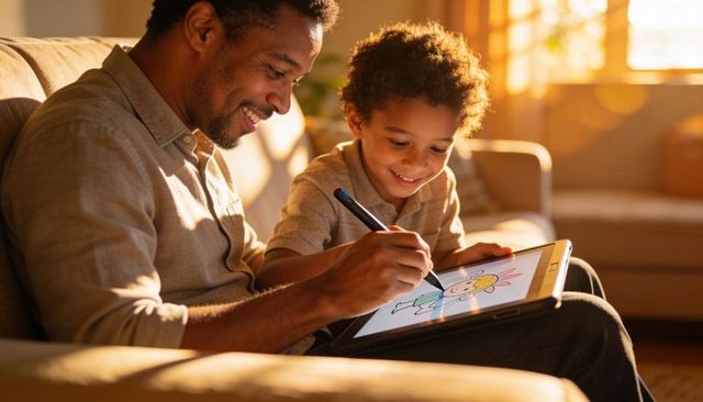 Father and son creating digital drawing on tablet using stylus in warm golden light