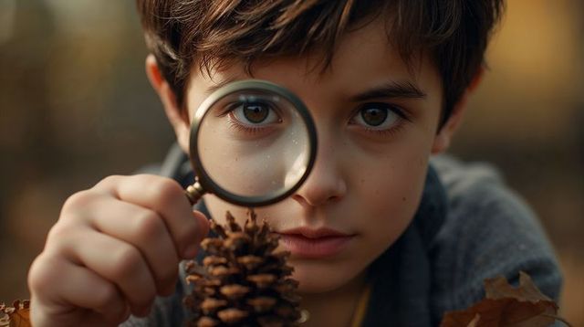 Preteen boy examining pinecone with magnifier closeup portrait in autumn outdoors