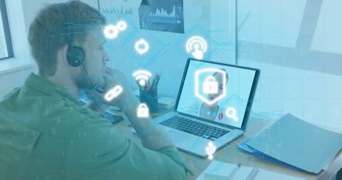 Cybersecurity Concept with Headset Worker and Icons